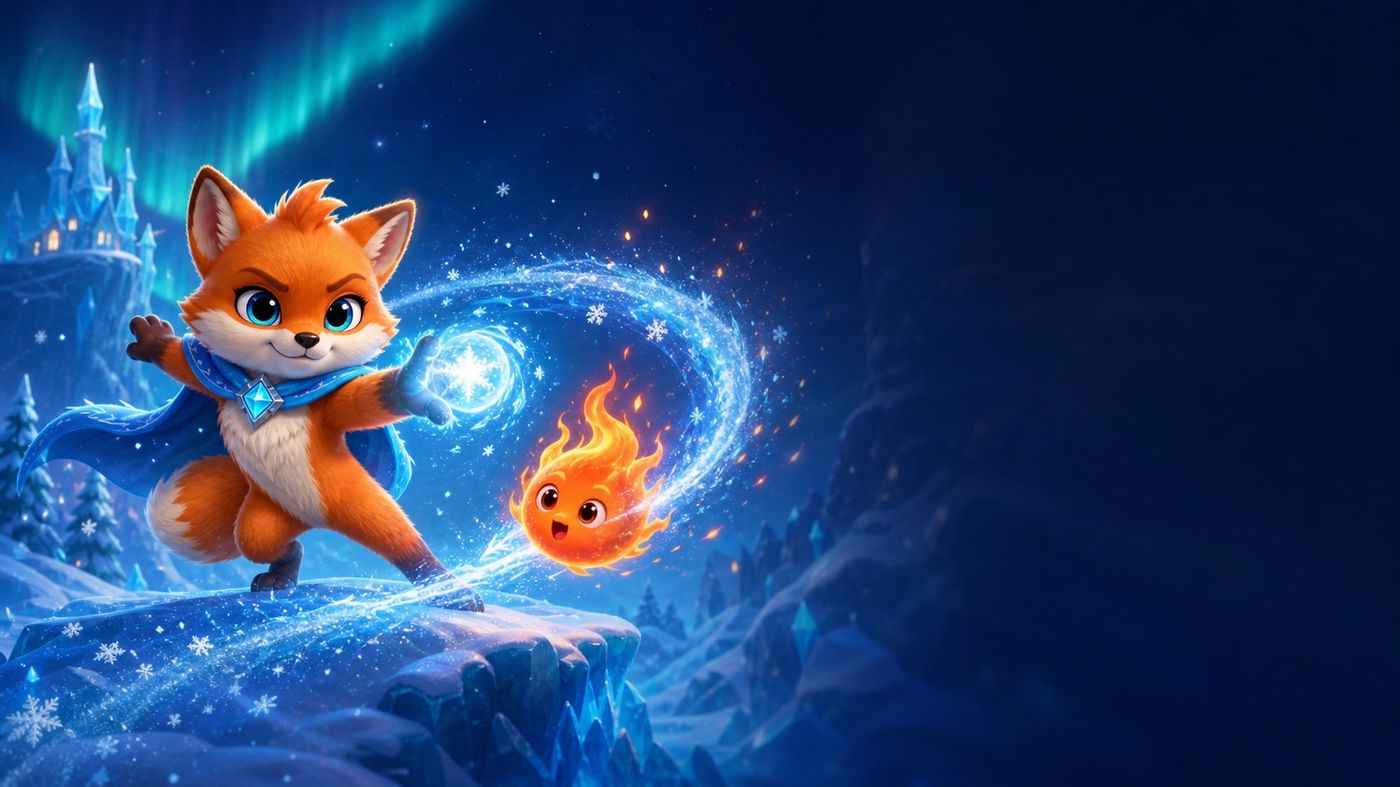 Niva the fox throws a snowball at a little flame